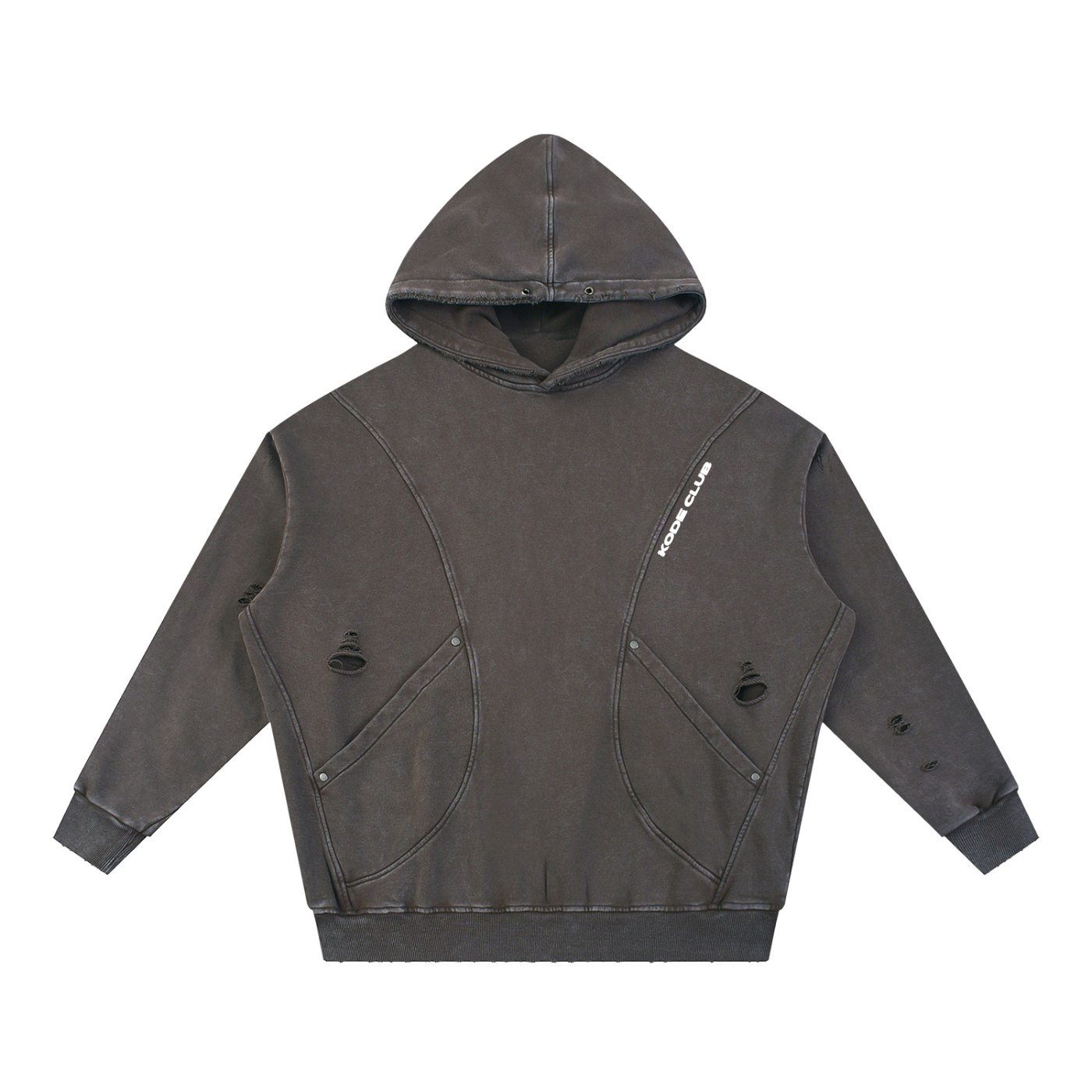Snow Washed Distressed Panel Pocket Hoodie