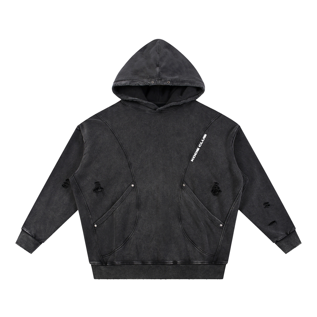 Snow Washed Distressed Panel Pocket Hoodie